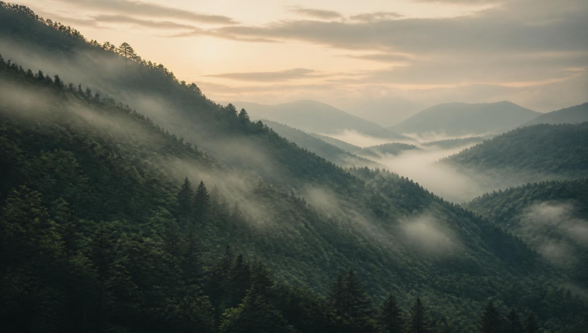 Misty forested mountains at dawn