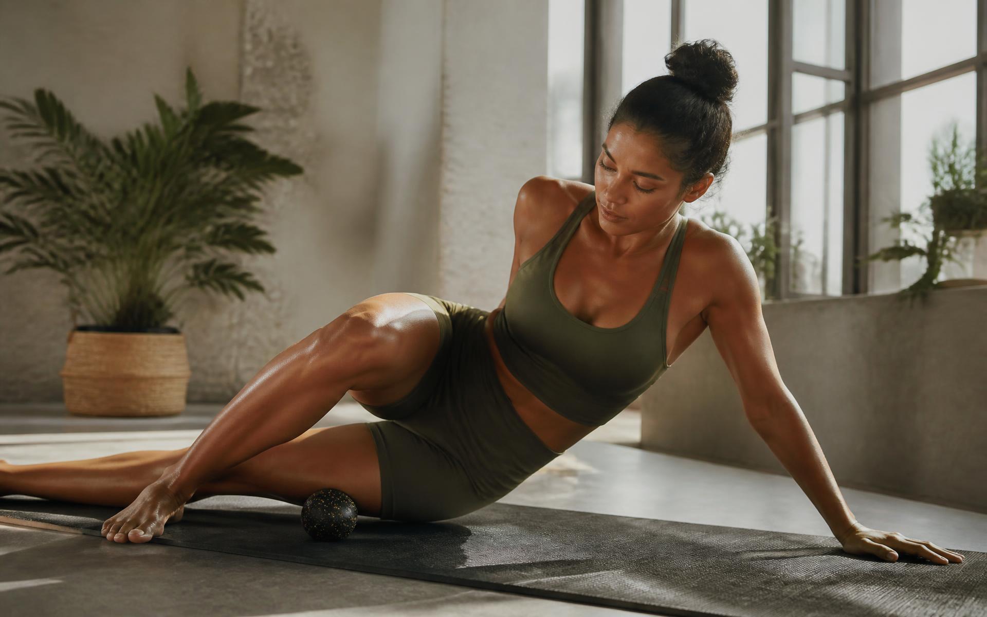 Fascia release practice on a mat in natural light